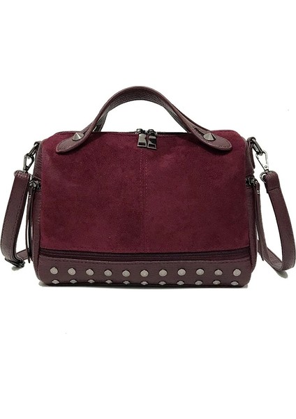 Bordo Tarzı 29X13X21 cm Smooza Yeni Varış Nubuk Pu Deri Çanta Kadınlar Için Rahat Kadın Omuz Çantası Crossbody Çanta Bayanlar Büyük Perçin Messenger (Yurt Dışından)