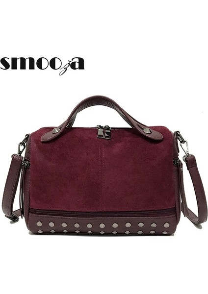 Bordo Tarzı 29X13X21 cm Smooza Yeni Varış Nubuk Pu Deri Çanta Kadınlar Için Rahat Kadın Omuz Çantası Crossbody Çanta Bayanlar Büyük Perçin Messenger (Yurt Dışından) fiyatları