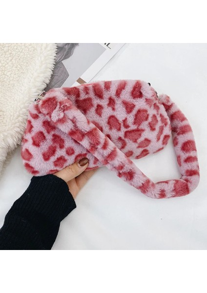 Açık Pembe Tarzı Moda Kadın Inek Baskı Kalıp Çantaları Kadın Kış Peluş Koltukaltı Çantaları Leopar Zebra Desen Kabarık Bez Çantalar Küçük Çantalar (Yurt Dışından) fırsatları