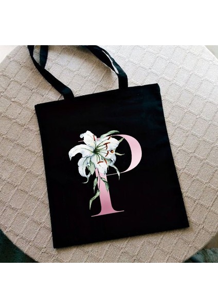 G2195-TBBK-M Stili Zambak Mektup Baskı Kadın Alışveriş Çantası Kadın Kanvas Kumaş Omuz Çantası Eko Depolama Rahat Çanta Yeniden Kullanılabilir Katlanabilir Moda Kılıf (Yurt Dışından)