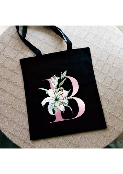 G2195-TBBK-M Stili Zambak Mektup Baskı Kadın Alışveriş Çantası Kadın Kanvas Kumaş Omuz Çantası Eko Depolama Rahat Çanta Yeniden Kullanılabilir Katlanabilir Moda Kılıf (Yurt Dışından) fırsatları