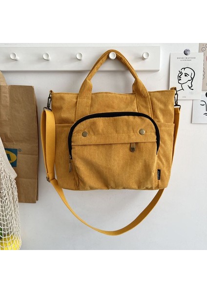 Dış Fermuar Sarı Tarzı Hylhexyr Kadife Omuz Çantası Kadın Vintage Alışveriş Çantaları Fermuar Kız Öğrenci Bookbag Çanta Dış Cep ile Rahat Tote (Yurt Dışından)