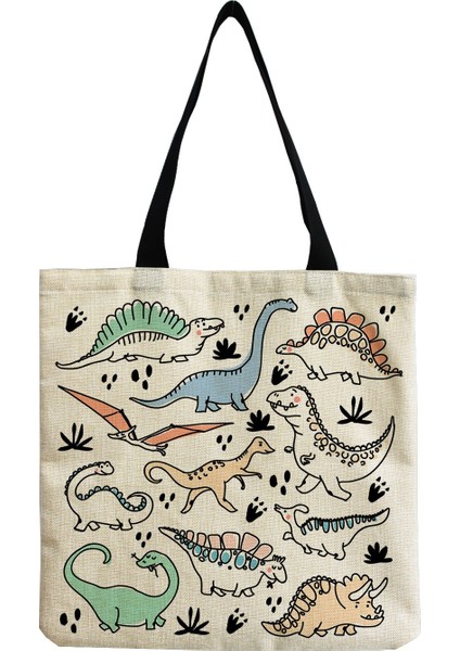HM2107 Stili Karikatür Sevimli Dinozor Baskılı Tote Keten Kişilik Kız Omuz Çantası Büyük Kapasiteli Seyahat Depolama Paketleri Kadın Alışveriş Çantası (Yurt Dışından)