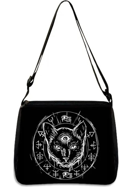 YXBWITHC10CW Stili 20CMX24CM Sevimli Siyah Kedi Cadı Messenger Çanta Kadın Çanta Tuval Koltukaltı Omuz Çantaları Büyücülük Kafatası Kız Gotik Crossbody Çanta Hediye (Yurt Dışından)
