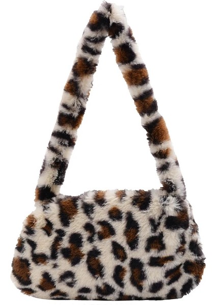 Beige Leopard Style Fashion Women's Bag Trend Baguette Bag Plush Animal Print Shopper Purses Female Autumn Handbag Shoulder Underarm Bag (Yurt Dışından)