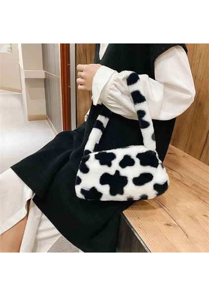 Beige Leopard Style Fashion Women's Bag Trend Baguette Bag Plush Animal Print Shopper Purses Female Autumn Handbag Shoulder Underarm Bag (Yurt Dışından)