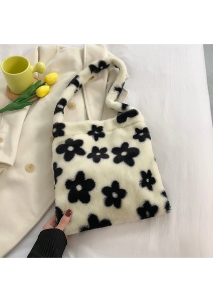 Siyah Stil 30X30X2CM Ins Women Flower Print Shoulder Bags New Winter Soft Plush Bucket Bags Female Open Pocket Crossbody Furry Fluffy Tote Bags (Yurt Dışından)