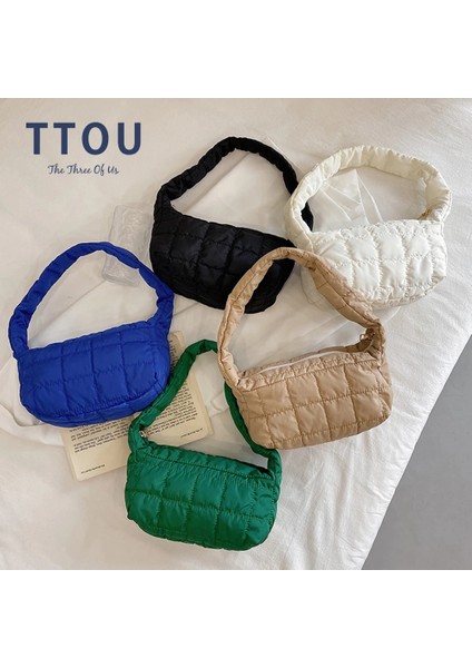 Bej Tarzı 24X14X10CM Moda Uzay Ped Pamuk Kadın Omuz Baget Şekli Çanta Kadın Shopper Lady Kış Naylon Yastıklı Kış Kapitone Çanta Çanta (Yurt Dışından)