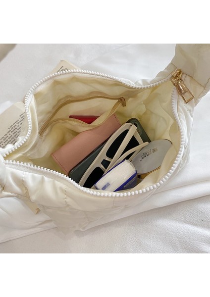 Bej Tarzı 24X14X10CM Moda Uzay Ped Pamuk Kadın Omuz Baget Şekli Çanta Kadın Shopper Lady Kış Naylon Yastıklı Kış Kapitone Çanta Çanta (Yurt Dışından)