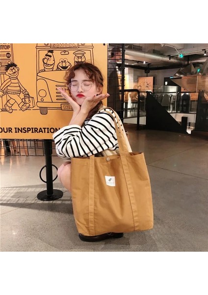 Kahverengi Tarzı 43X36CM Yeni Retro Kadın Omuz Çantası Basit Düz Renk Küçük Taze Kanvas Çanta Edebi Kadın Toka Tote Çanta Büyük Kapasiteli Çanta (Yurt Dışından)