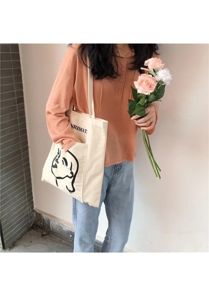 Şekil Yok Fermuar Stili Kadın Kanvas Çanta Büyük Kapasiteli Tote Stick Figure Baskılı Omuz Çantaları Çanta Eko Pamuklu Kumaş Kumaş Kızlar Için Alışveriş Çantaları (Yurt Dışından)