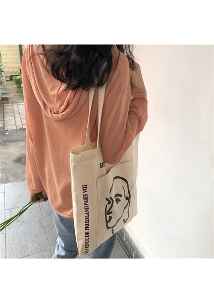 Şekil Yok Fermuar Stili Kadın Kanvas Çanta Büyük Kapasiteli Tote Stick Figure Baskılı Omuz Çantaları Çanta Eko Pamuklu Kumaş Kumaş Kızlar Için Alışveriş Çantaları (Yurt Dışından)