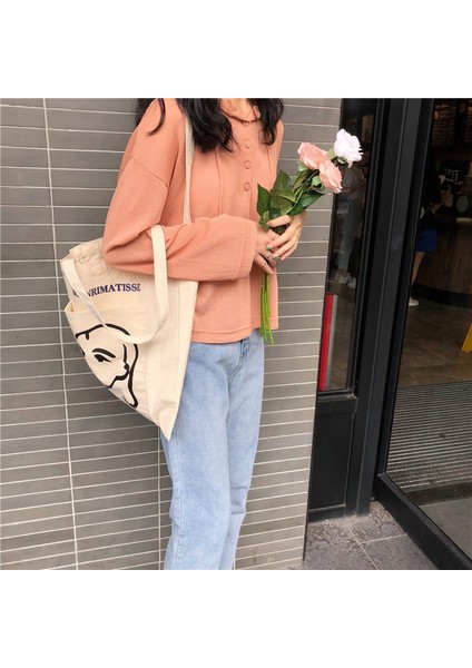 Şekil Yok Fermuar Stili Kadın Kanvas Çanta Büyük Kapasiteli Tote Stick Figure Baskılı Omuz Çantaları Çanta Eko Pamuklu Kumaş Kumaş Kızlar Için Alışveriş Çantaları (Yurt Dışından)
