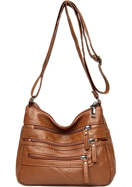 Kahverengi Tarzı Fashion Solid Crossbody Bag Casual Women Pu Shopping Street Shoulder Bags Large Capacity Multi-Zipper Mother Top-Handle Handbag (Yurt Dışından)