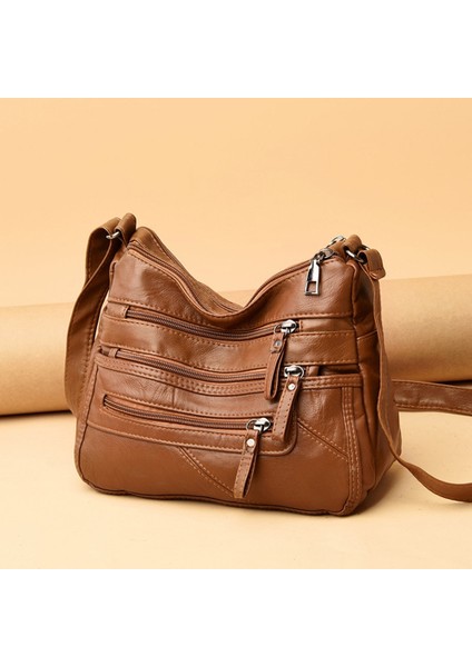 Kahverengi Tarzı Fashion Solid Crossbody Bag Casual Women Pu Shopping Street Shoulder Bags Large Capacity Multi-Zipper Mother Top-Handle Handbag (Yurt Dışından)