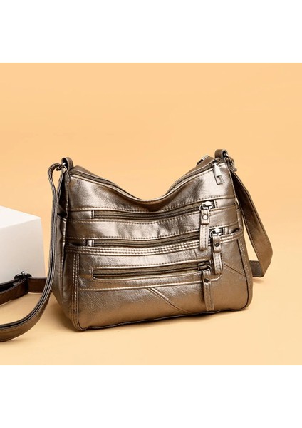 Kahverengi Tarzı Fashion Solid Crossbody Bag Casual Women Pu Shopping Street Shoulder Bags Large Capacity Multi-Zipper Mother Top-Handle Handbag (Yurt Dışından)