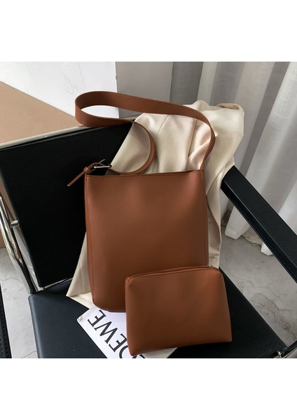 Kahverengi Tarzı 27X9.5X28CM Kadınlar Için Basit Vintage Pu Deri Kompozit Çanta Rahat Büyük Kapasiteli Postacı Çantaları Kadın Katı Lüks Kova Çanta Tote (Yurt Dışından)