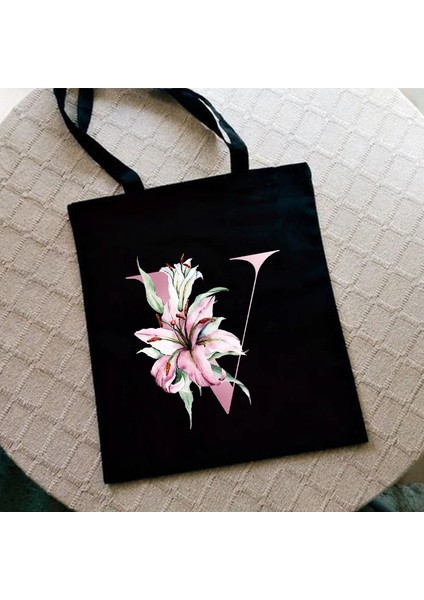 G2201-TBBK-M Stili Zambak Mektup Baskı Kadın Alışveriş Çantası Kadın Kanvas Kumaş Omuz Çantası Eko Depolama Rahat Çanta Yeniden Kullanılabilir Katlanabilir Moda Kılıf (Yurt Dışından)
