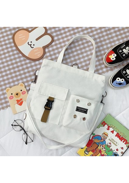 Beyaz Stil Moda Trendi Kadın Çantası Yeni Kanvas Omuz Çantası Sevimli Ayı Öğrenci Messenger Çanta Edebi Fermuar Lüks Çanta Tote Çanta (Yurt Dışından)