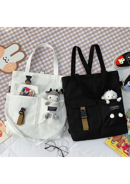 Beyaz Stil Moda Trendi Kadın Çantası Yeni Kanvas Omuz Çantası Sevimli Ayı Öğrenci Messenger Çanta Edebi Fermuar Lüks Çanta Tote Çanta (Yurt Dışından) fırsatları