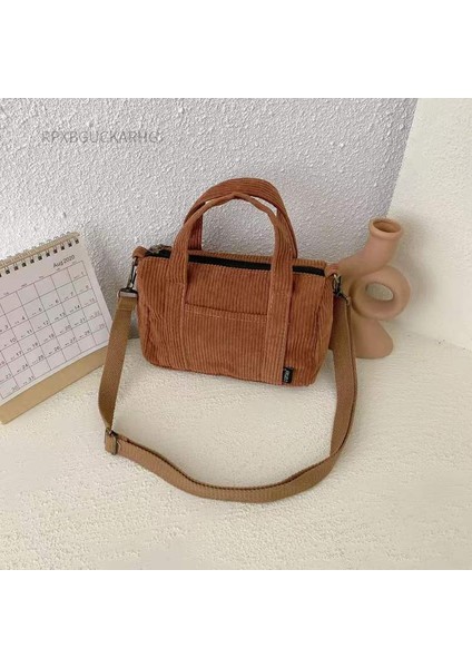 Mini Kadife Kahverengi Tarzı Kadife Omuz Çantası Kadın Vintage Alışveriş Çantaları Fermuar Kız Öğrenci Bookbag Çanta Dış Cep ile Rahat Tote 2022 (Yurt Dışından)