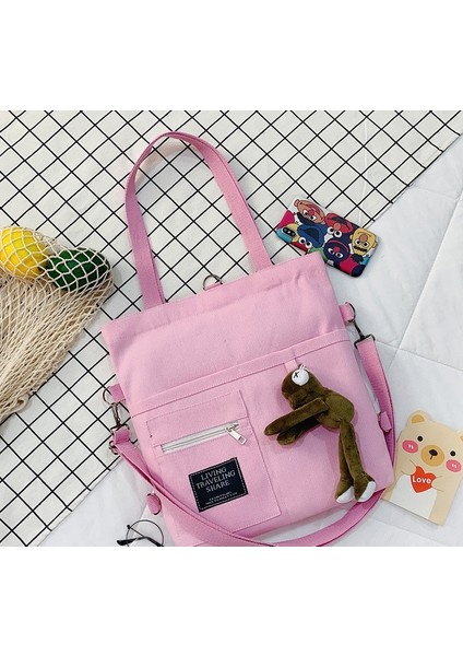 S1 Pink With Frog Style Women New Cute Bear Cartoon Canvas Bag Female Fashion Cool Girl Student School Class Shoulder Crossbody Messenger Bag Satchels (Yurt Dışından)