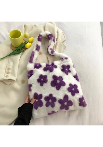 Mor Tarzı 30X30X2CM Ins Women Flower Print Shoulder Bags New Winter Soft Plush Bucket Bags Female Open Pocket Crossbody Furry Fluffy Tote Bags (Yurt Dışından)