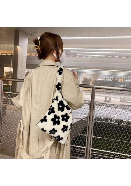 Mor Tarzı 30X30X2CM Ins Women Flower Print Shoulder Bags New Winter Soft Plush Bucket Bags Female Open Pocket Crossbody Furry Fluffy Tote Bags (Yurt Dışından)