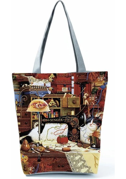 HL2541 Kedi Çanta Stili Yüksek Kapasiteli Hayvan Tasarım Çantaları Kadın Çantası Siyah Kedi Baskı Alışveriş Çantası Çanta Ofis Yeniden Kullanılabilir Rahat Omuz Çantaları (Yurt Dışından)