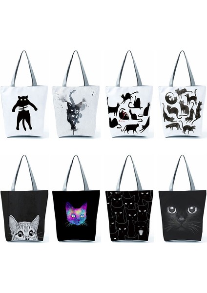 HL2541 Kedi Çanta Stili Yüksek Kapasiteli Hayvan Tasarım Çantaları Kadın Çantası Siyah Kedi Baskı Alışveriş Çantası Çanta Ofis Yeniden Kullanılabilir Rahat Omuz Çantaları (Yurt Dışından) indirimleri