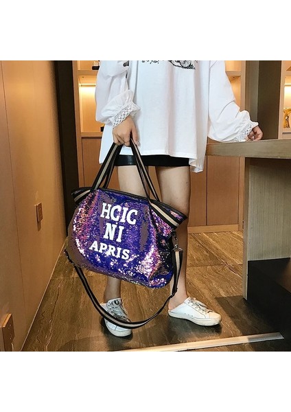 Mor Tarzı 45X36X10CM Herlad Moda Büyük Kadın Çanta Li Deri Parlak Payetli Kadın Omuz Çantası Rahat Mektup Baskı Bayan Tote Çanta Kesesi (Yurt Dışından)