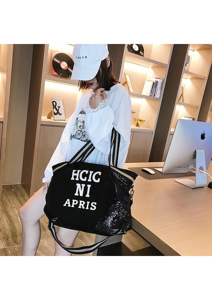 Koyu Gri Tarzı 45X36X10CM Herlad Moda Büyük Kadın Çanta Li Deri Parlak Payetli Kadın Omuz Çantası Rahat Mektup Baskı Bayan Tote Çanta Kesesi (Yurt Dışından)