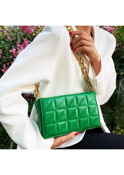 Silver Chain White Style Quilting Pu Leather Crossbody Bag For Womeummer Travel Trends Shoulder Bag Purses And Handbags Thick Chain Green Ladies (Yurt Dışından)