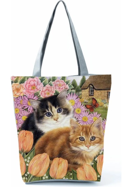 HL2858 Kedi Çanta Stili Yüksek Kapasiteli Hayvan Tasarım Çantaları Kadın Çantası Siyah Kedi Baskı Alışveriş Çantası Çanta Ofis Yeniden Kullanılabilir Rahat Omuz Çantaları (Yurt Dışından)