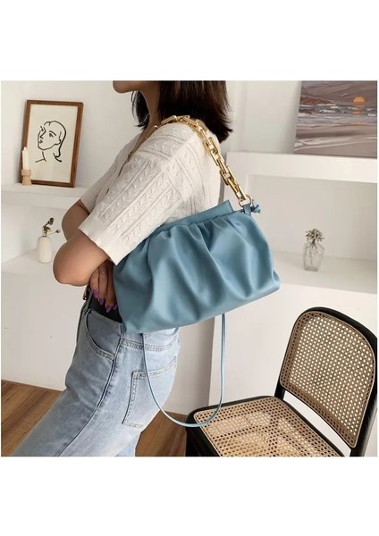Mavi Stil New Thick Chain Shoulder Bags For Women Pu Leather Pleated Cloud Bag Simple Crossbody Bag Casual Ladies Bag Designer (Yurt Dışından)