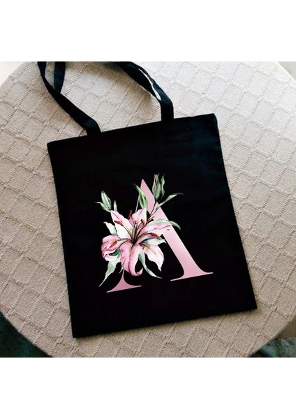 G2206-TBBK-M Stili Zambak Mektup Baskı Kadın Alışveriş Çantası Kadın Kanvas Kumaş Omuz Çantası Eko Depolama Rahat Çanta Yeniden Kullanılabilir Katlanabilir Moda Kılıf (Yurt Dışından)