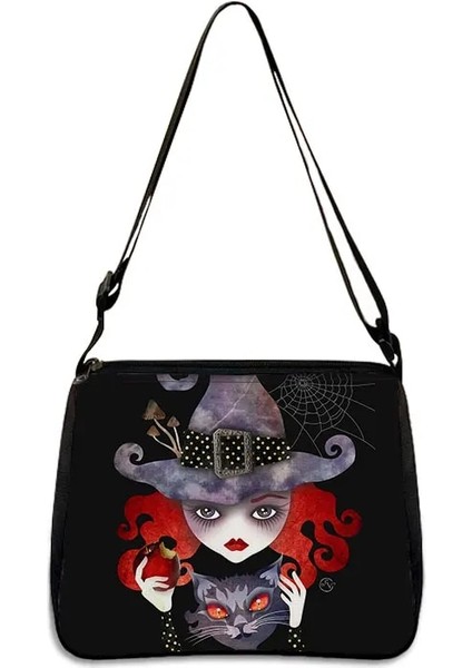 YXBWITHC13CW Stili 20CMX24CM Sevimli Siyah Kedi Cadı Messenger Çanta Kadın Çanta Tuval Koltukaltı Omuz Çantaları Büyücülük Kafatası Kız Gotik Crossbody Çanta Hediye (Yurt Dışından)