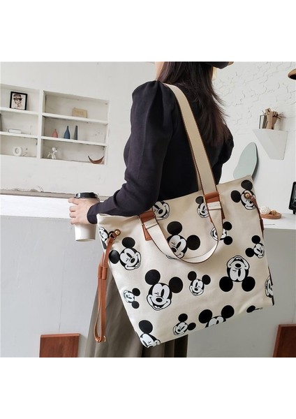P1 Stili Kadınlar Büyük Kapasiteli Canva Çanta Yaz Rahat Tote Çanta Kadın Bir Omuz Çantası Taşınabilir Alışveriş Çantası Kız Karikatür Mickey Tote (Yurt Dışından) fiyatları