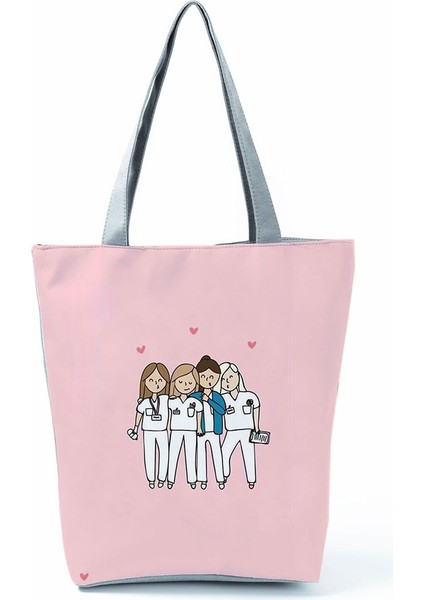 HL2151 Stili Karikatür Bayan Hemşire Baskılı Çanta Katlanabilir Yüksek Kapasiteli Kadın Omuz Çantası Eko Yeniden Kullanılabilir Alışveriş Çantası Seyahat Plaj Çantası (Yurt Dışından) indirimleri