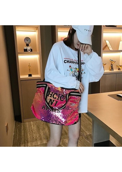 Kırmızı Stil 48X32X10CM Herlad Moda Büyük Kadın Çanta Li Deri Parlak Payetli Kadın Omuz Çantası Rahat Mektup Baskı Bayan Tote Çanta Kesesi (Yurt Dışından)