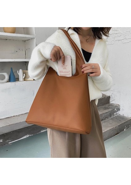 Bej Tarzı Yüksek Li Yumuşak Deri Omuz Çantası Kadın Kış Yeni Çanta Rahat Bayan Tote Çanta Moda Hobo Çanta Alışveriş Kız Kolu Çanta (Yurt Dışından)