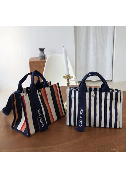 Lacivert Tarzı Moda Çizgili Kadın Omuz Çantası Kore Tarzı Kanvas Sling Çanta Küçük Kare Crossbody Çanta Anne Basit Seyahat Çantaları (Yurt Dışından) modelleri