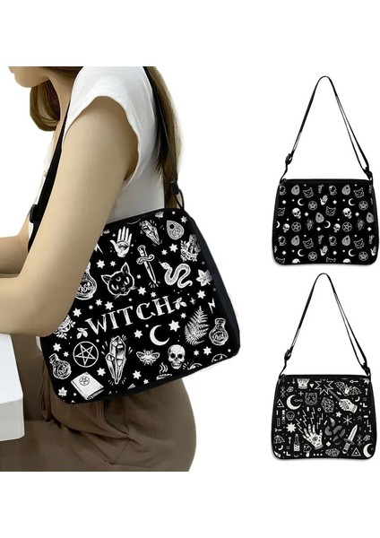 YXBWITHC09CW Stili 25CMX30CM Sevimli Siyah Kedi Cadı Messenger Çanta Kadın Çanta Tuval Koltukaltı Omuz Çantaları Büyücülük Kafatası Kız Gotik Crossbody Çanta Hediye (Yurt Dışından) fiyatları