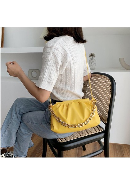 Sarı Stil New Thick Chain Shoulder Bags For Women Pu Leather Pleated Cloud Bag Simple Crossbody Bag Casual Ladies Bag Designer (Yurt Dışından)