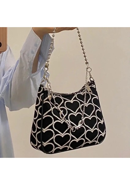Siyah Stil 25X18X6 cm Xiuya Moda Çanta Kalp Şekli Işlemeli Kız Sonbahar Kış Omuz Çantası Kadın Lolita Gotik Tote Kanvas Çanta (Yurt Dışından)