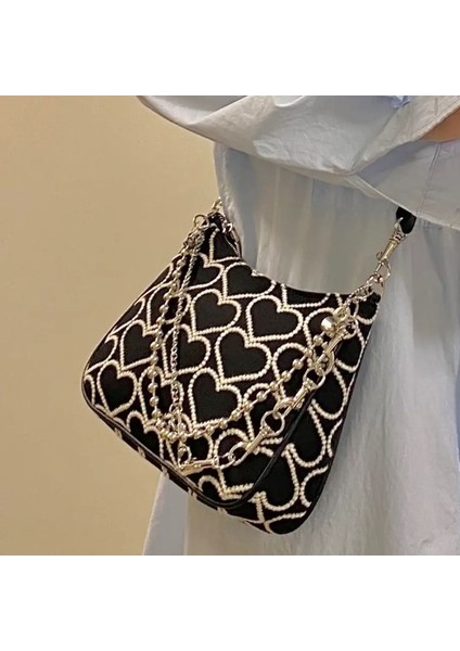 Siyah Stil 25X18X6 cm Xiuya Moda Çanta Kalp Şekli Işlemeli Kız Sonbahar Kış Omuz Çantası Kadın Lolita Gotik Tote Kanvas Çanta (Yurt Dışından) modelleri