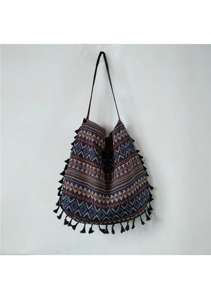 Mavi Şerit Stili Yeni Vintage Bohemian Fringe Omuz Çantası Kadın Püskül Boho Hippi Çingene Saçaklı Kadın Çantaları Açık Çantalar (Yurt Dışından)