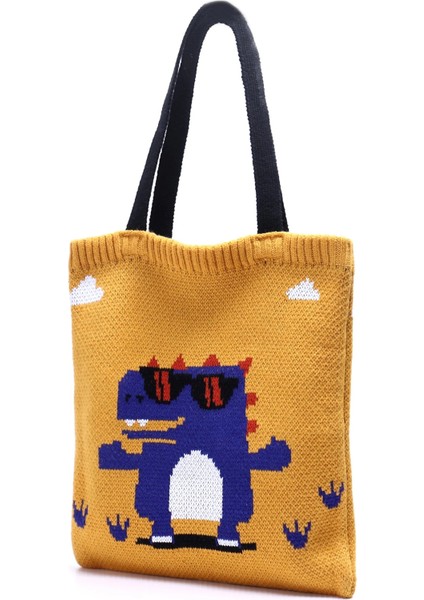 Sarı Dinozor Tarzı Yoreai Kadınlar Örgü Omuz Çantaları Sevimli Ördek Bayanlar Karikatürler Çanta Rahat Tote Edebi Bookbag Yün Kızlar Için Alışveriş Çantası (Yurt Dışından)