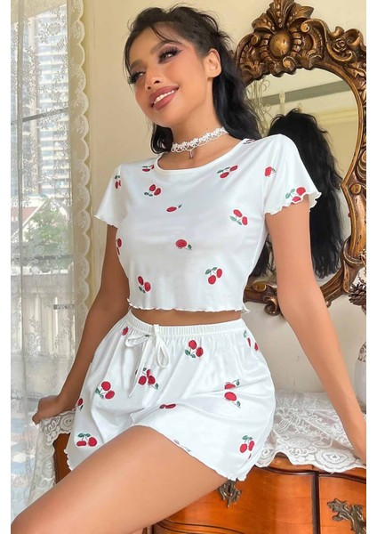 Örme Yumuşak Kısa Kol Kiraz Basklı Sortlu Pijama Takımı
