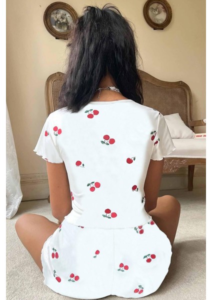 Örme Yumuşak Kısa Kol Kiraz Basklı Sortlu Pijama Takımı